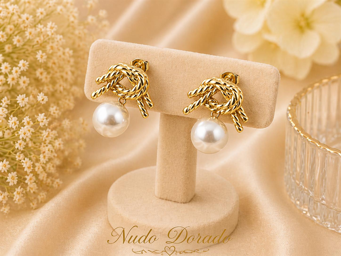 Aretes Nudo Dorado con Perla Acero 316L
